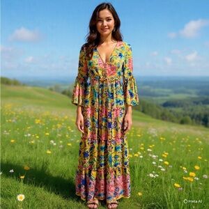Vibrant Floral Maxi Dress with Bell Sleeves